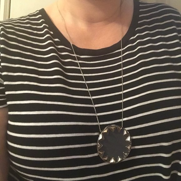 House of Harlow 1960 Leather Sunburst Long Necklace Silver Tone Big Pendant - Picture 5 of 11